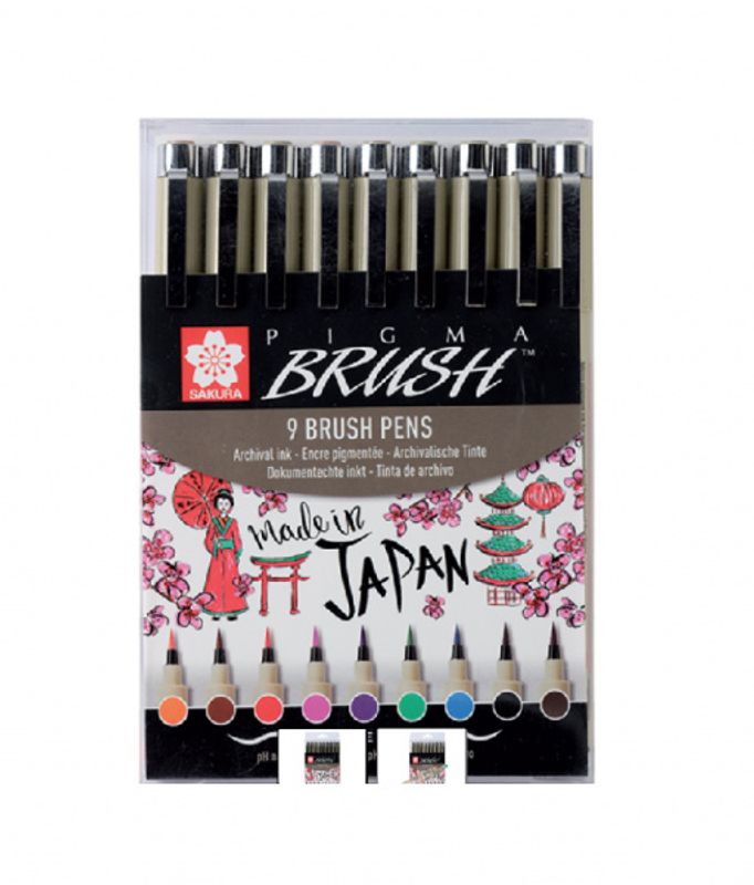 Sakura Pigma Brushpen, 9 stk/ farger